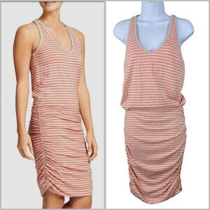 ATHLETA Stripe Ruched stretchy Bodycon Tee Shirt Dress Small Pima Cotton Orange